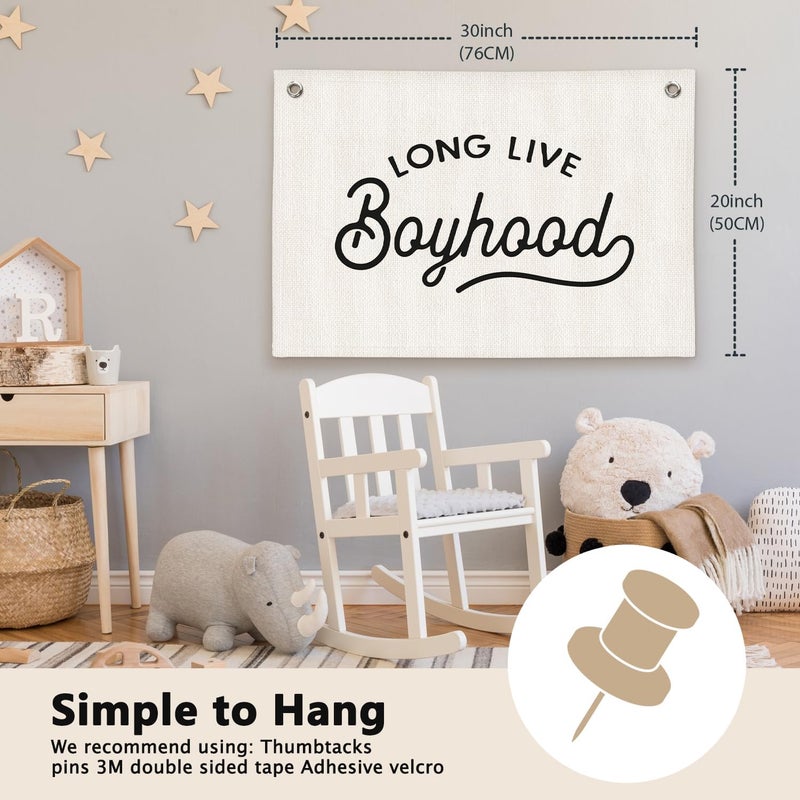 ETVISO Long Live Boyhood Minimalist Boys Room Decor - Linen Banner Wall Hanging Canvas Banner Flag Decor for Toddler Boy Bedroom Nursery Playroom - Image 2